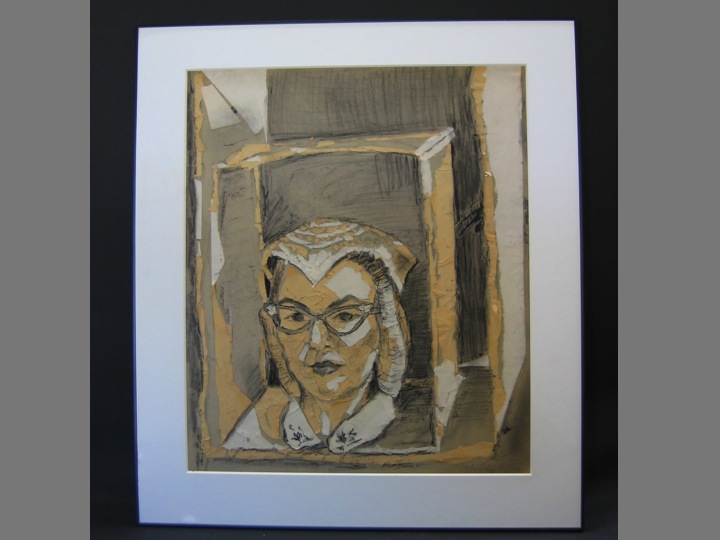 self portrait done during a high school course at 
    Chouinard; has Martha's head in a box covered with a doily, all executed in torn paper